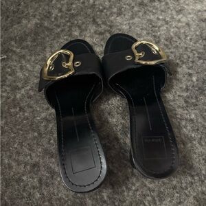 Dolce Vita Black Slide Sandals with Gold Buckles